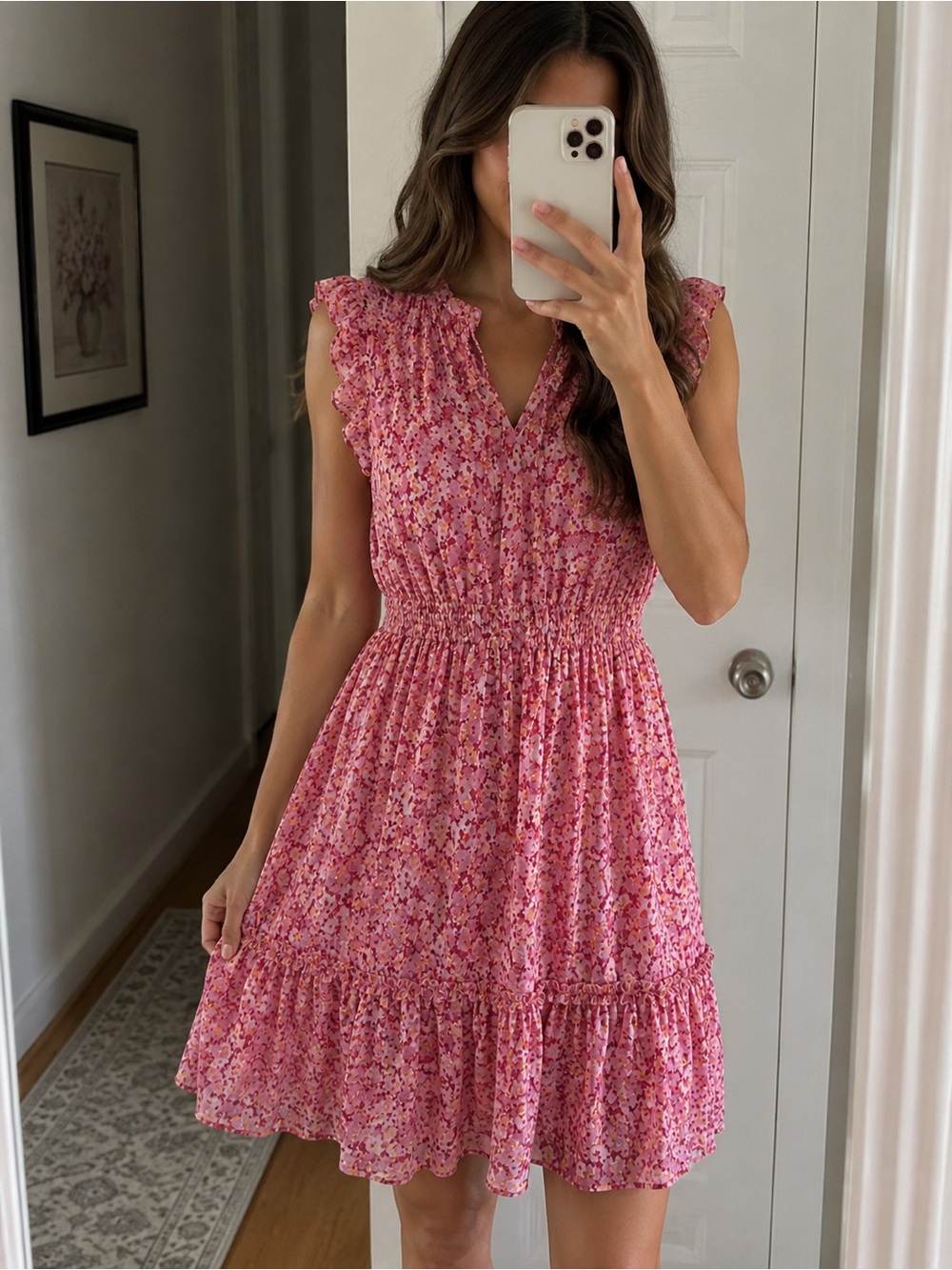 Gypsies & Moondust Pink Floral Ruffle-Sleeve Smocked Dress